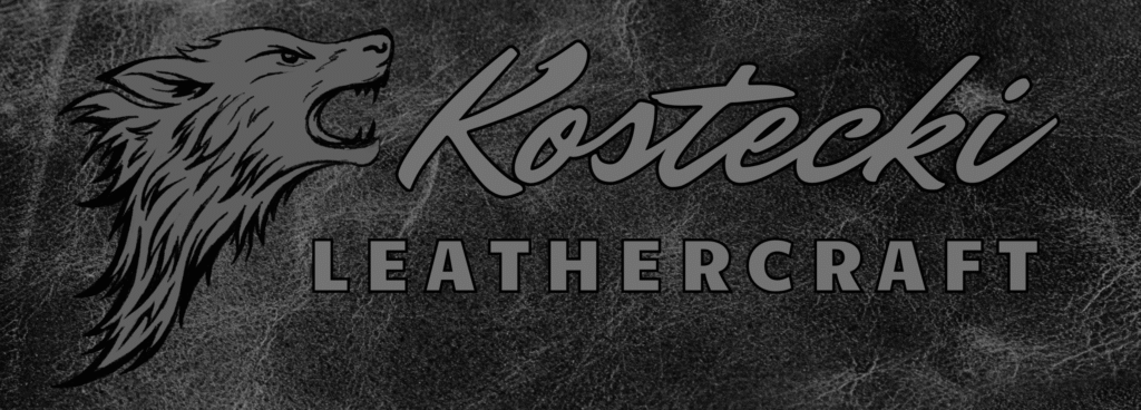 wizytówka Kostecki Leathercraft, logo z wilkiem